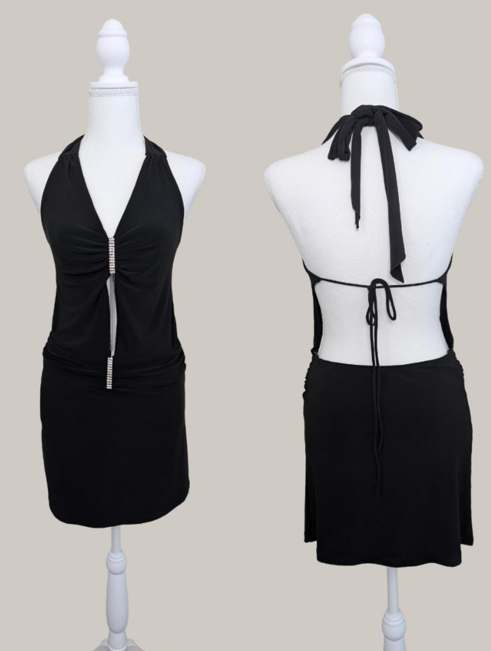 Y2K Black Backless Halter-Ruched Dress with Rhinestone Detail